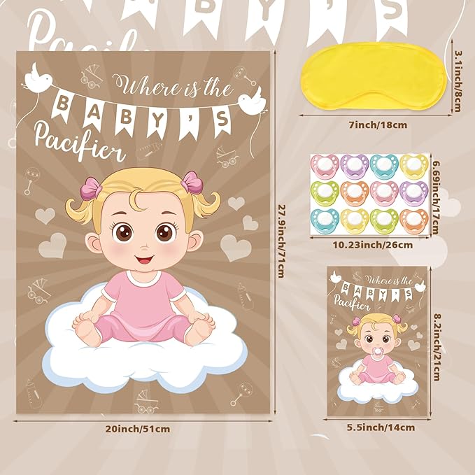 Hooqict Pin The Pacifier on The Baby Game Funny Baby Shower Games for Girls Birthday Party Activities, Large Pin The Dummy Poster with 72 Pacifier Stickers