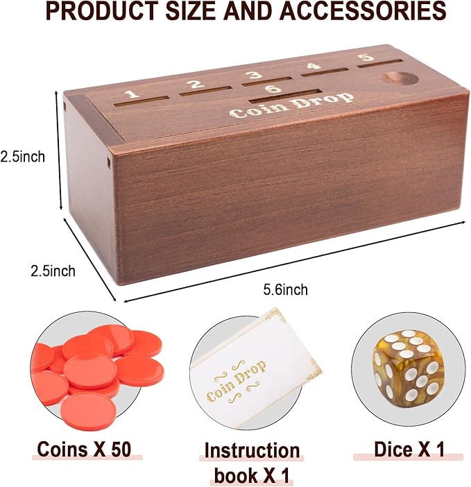 Coin Drop Game for 2-6 Players,Penny Game Contains 50 Coins,Wooden Game Box and 1 Dice,Coin Game,a Fun Board Game to Interact with Family and Friends