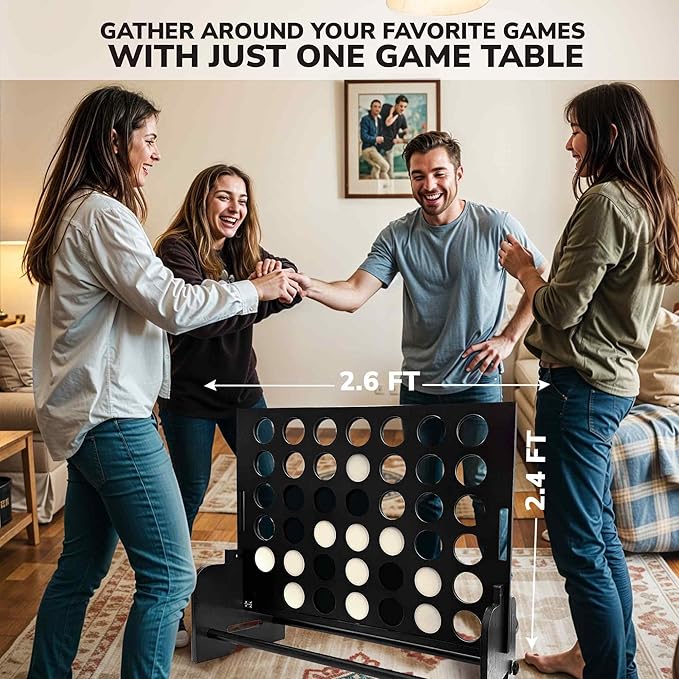 QUOKKA Giant Black Four in a Row Connect Game 4-in-1 SUPERSET -Wooden Jumbo Family Friends Game for Adults| Backyard Family Party | Big Chess & Checkers | Indoor Game| Wooden Tic Tac Toe | All Weather