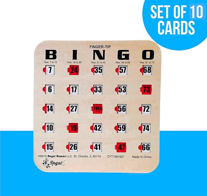 Regal Bingo Bulk Bingo Cards with Sliding Windows - Reusable Large Print Bingo Game Cards for Adults Large Group - 10 Pack, Woodgrain