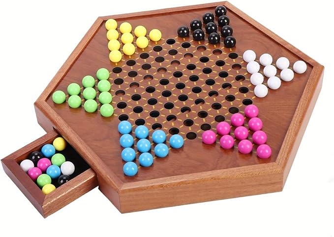 Chinese Checkers Board Game – 13.7" Large Wooden Set with 60 Colorful Acrylic Marbles + 30 Spares – Classic Family Strategy Game for Adults