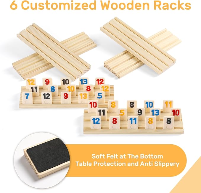 Rummy Cube 6 Player Edition with 6 Wooden Racks/Trays, 160 Large Numbers Rummy Tiles Set with Zippered Case, Rummy Travel Game Set with 6 Tiles Holders - Classic Board Games for Family Adults Kids