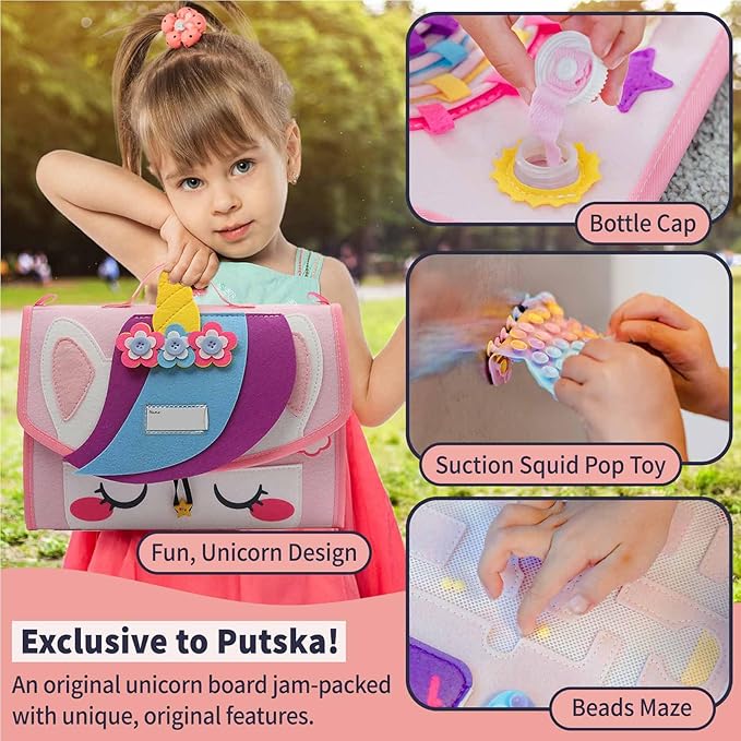 PUTSKA Busy Board Montessori Toys, Busy Book for Toddler Girl 3+ Years, Sensory Toys, Educational Learning Activities for Learning Fine Motor Skills, Kids Travel Essentials, Birthday Gift for Girls