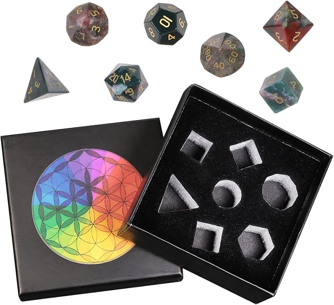 Nupuyai Healing Indian Agate Crystal D&D Polyhedral Dice Set with Box for Dungeons and Dragons, Set of 7 Table Top Game Dice for RPG MTG Roleplaying Collection