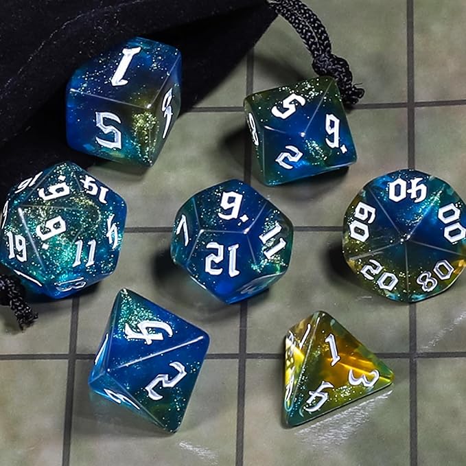 CiaraQ DND Polyhedral Dice Set for Dungeons and Dragons RPG MTG Role Playing Table Games-with 1 Dice Pouch (Blue + Yellow + Glitter)