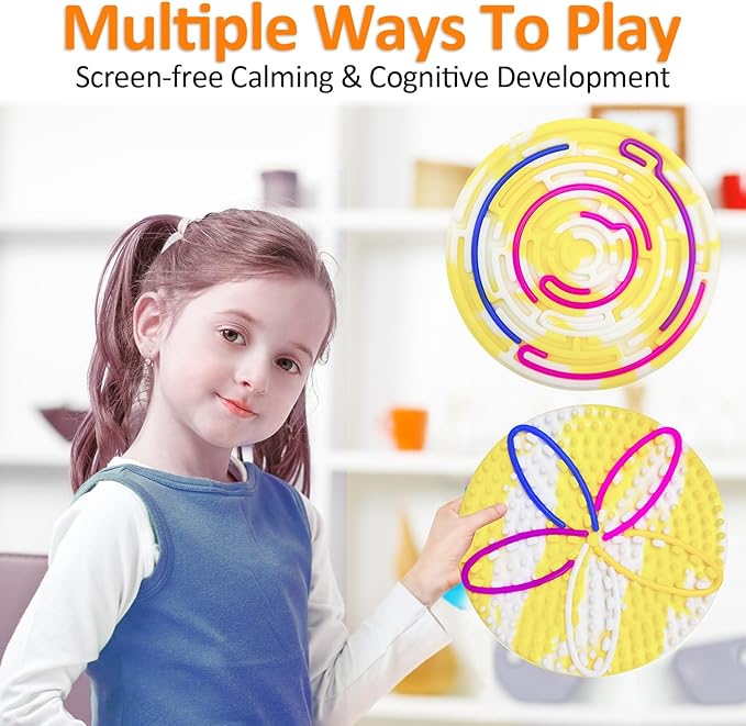 Sensory Activity Board for Kids and Adults, Double-Sided Silicone Fidgets Toys - Silent, No Mess, for Calming, Stress Anxiety, ADHD&Autism - Includes Portable Travel Bag & 12 Strings, Yellow