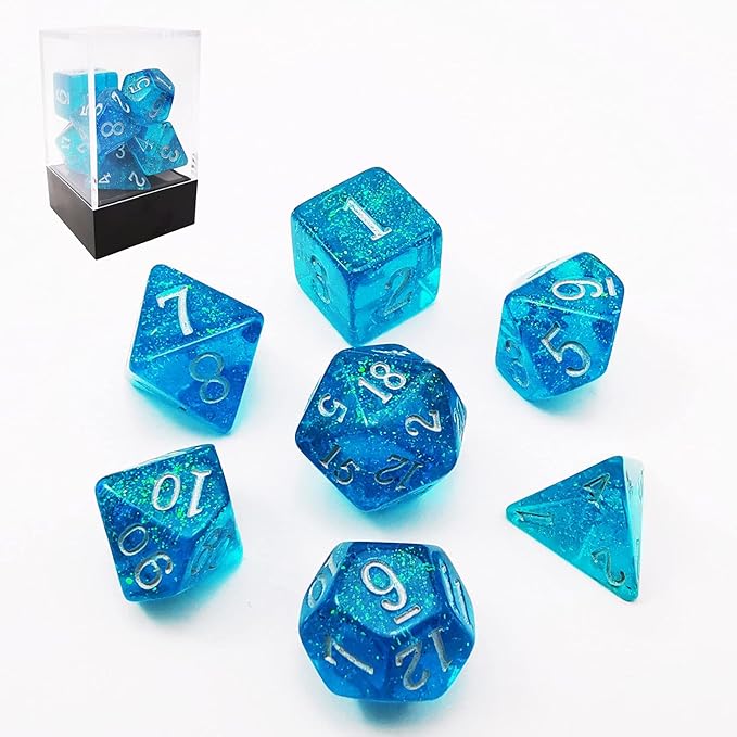 Bescon Blue Shimmery Dice Set, Polyhedral RPG Game 7-dice Set in Brick Box Packing