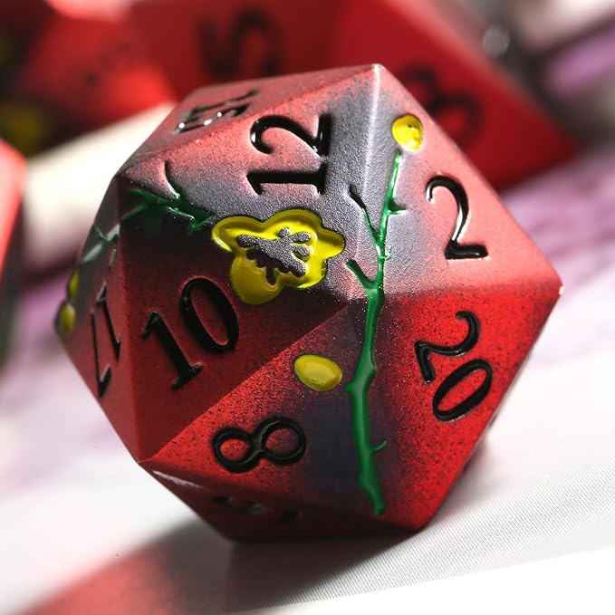 DNDND Metal Dice, 7 PCS Metallic Flowers D&D Dice with Gorgeous Gift Case for D&D Dungeons and Dragon Tabletop Game (Red and Yellow)