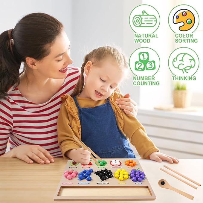 Wooden Board Rainbow Beads Sorting Stacking Counting Games, Toddler Montessori Matching Color Toys Preschool Learning Educational Toys for 3 4 5 Years Old Boys Girls