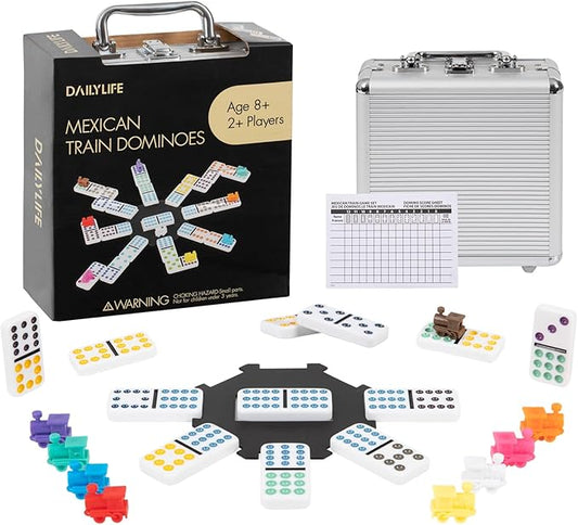 DAILYLIFE Mexican Train Dominoes Set, Double 12 Dominoes Set with Portable Case, 91 Tiles Colored Dominos Set for Adults, Mexican Train Games for Family Night, Travel, Party