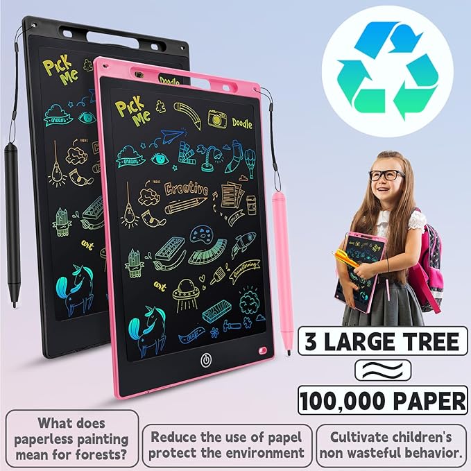 LCD Writing Tablet 2 Packs Toddler Toys, 12 Inch Doodle Board Drawing Pad Gifts for Kids Games, Erasable Colorful Drawing Board Toy Christmas Birthday Gift for 2 3 4 5 6 7 Years Old, Pink Black