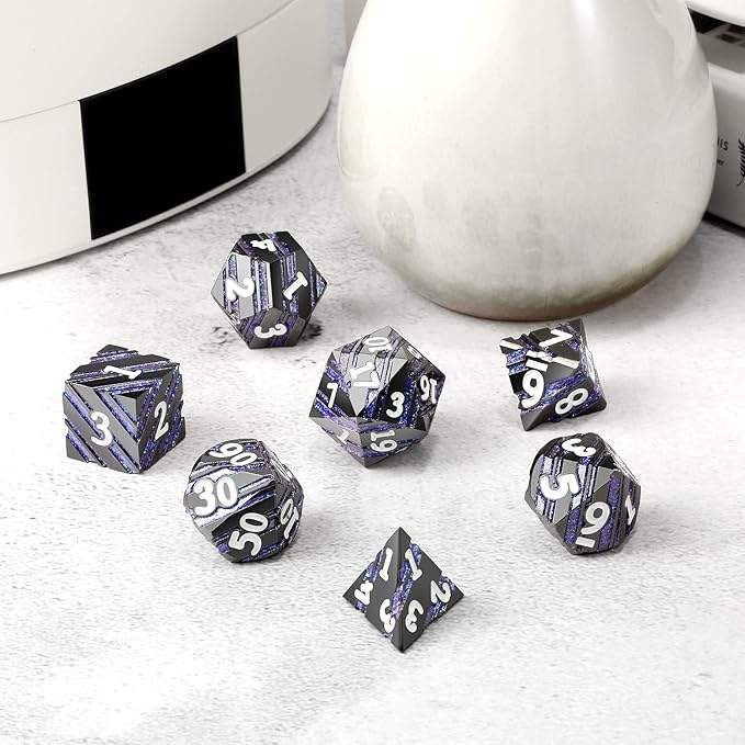 Dice Set D&D,DNDND Metallic Stripes Dice with Gift Case for Dungeons and Dragons DND (Nickel-Plated with Blue Stripes)