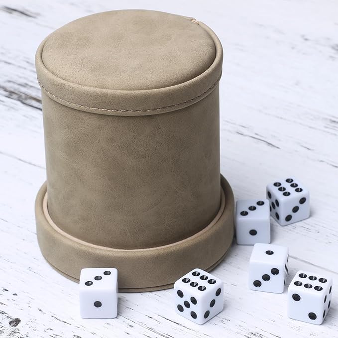 Brown Suede Faux Leather Dice Cup with Lid, Soft Felt Interior Quiet Dice Shaker Cup with 6 Dice for Liars Dice/Farkle/Yahtzee Games, 1 Pack