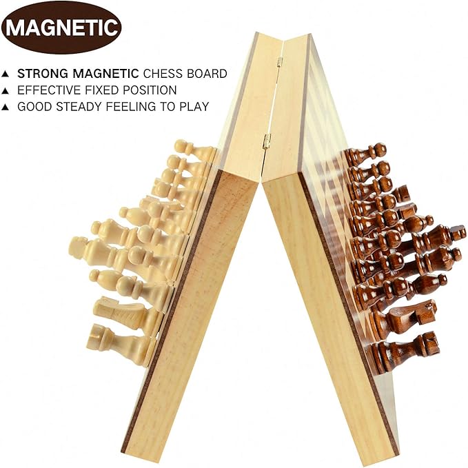 LEAP Wooden Chess Set Magnetic Travel Size 11.5" Inches - 2 Extra Queens - Magnetic Folding Board, Handmade Portable Travel Chess Board Game Sets with Pieces Storage Slots - All Adults and Beginner
