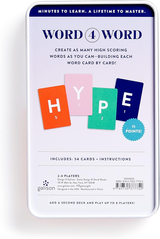 Galison Wexler Studios Word 4 Word – Fun Spelling Card Game for Adults and Kids Perfect for Travel and Family Game Night, 2-4 Players