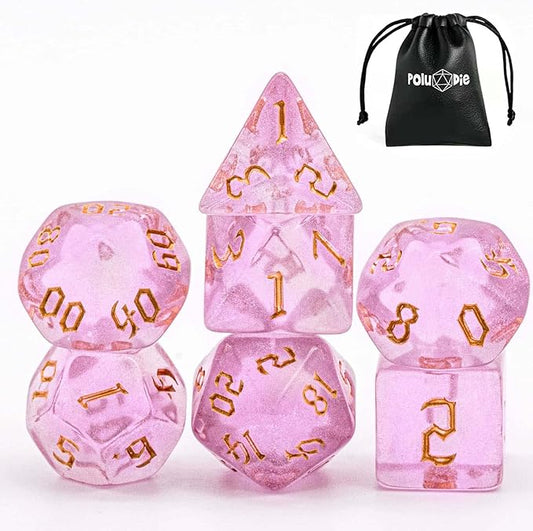 7-Die DND Dice Set Polyhedral Dice Set with a Leather Dice Bag, D&D Dice Set for Dungeons and Dragons, RPG, MTG Table Games (Pink/G)