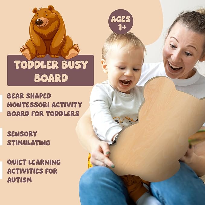 Busy Board Bear for Toddlers 1-3, Montessori Sensory Board - Busy Boards, Montessori Toys for Kid’s Development with 11 Activities: Numbers, Keys, Locks, Latches, Zipper, and Velcro