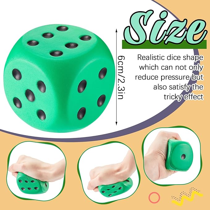 Zomiboo 2 Pcs Large Foam Dice Stress Balls Soft Jumbo 6 Sided Giant Dice Educational Learning Squeeze Anxiety Relieve Toy Gifts for Adults Kids Board Game Classroom(Red, Green,2.3 Inch)