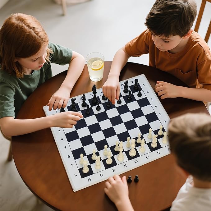 19.7" Foldable Chess Mat Set – Soft Black & White Fabric Chess Board with 3-Inch Staunton Pieces – Portable Travel Chess Game for Kids and Beginners – Includes Storage Bag