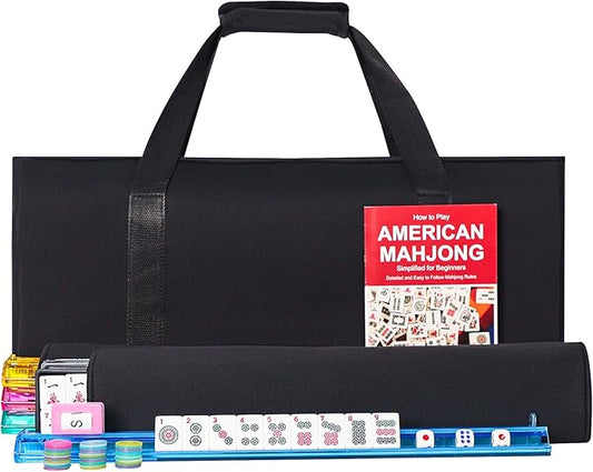 American Mahjong Game Set, 166 Premium White Tiles, 4 All-in-One Color Rack/Pushers, Classic Complete Mahjong Tile Set with Black Carrying Bag