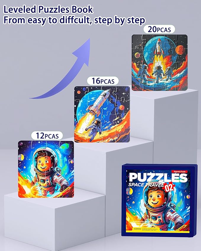 Magnetic Puzzles for Kids Ages 3-5, 3 in 1 Jigsaw Puzzle Book, Animal Car Activities Travel Puzzles for Toddlers Boys and Girls, Learning Magnet Toy for Road Trip(Rocket)
