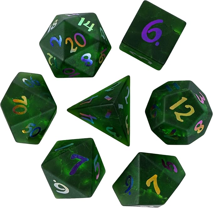 UDIXI Green Cracked Glass DND Dice Set, 7PCS Glass RPG Polyhedral Dice Set with Colorful Number for Dungeons and Dragons D&D Tabletop Game