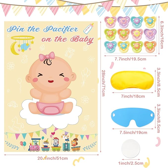 Hooqict Pin The Pacifier on The Baby Game Funny Baby Shower Games for Girls Birthday Party Gender Reveal, Large Baby Shower Activities Poster with 72 Pacifier Stickers