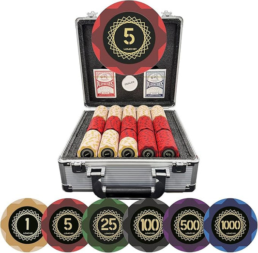 Clay Poker Set with Numbered Chips 600-pcs for Card Board Game, 14g Weight with Playing Cards for Texas Hold'em, Blackjack Gambling, Late Night Poker Games