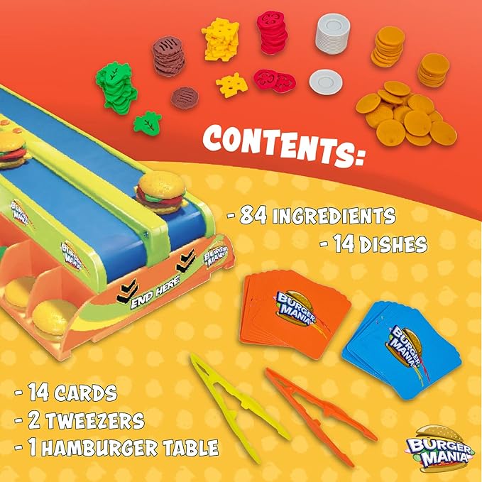 Fotorama Burger Mania Sizzling Build-A-Burger Game, Fast-Paced Conveyor Belt Fast Food Thrill Competition, Develops Fine Motor Skills and Dexterity, for Children Ages 6 and Up