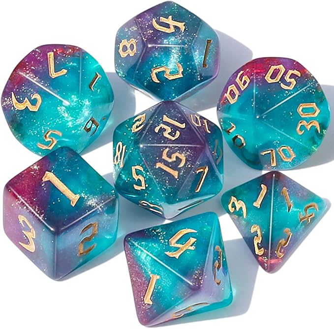 CiaraQ DND Polyhedral Dice Set for Dungeons and Dragons RPG MTG Role Playing Table Games-with 1 Dice Pouch (Blue + Purple + Glitter)