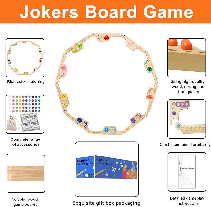 10 Players Marbles and Jokers Board Game Pegs and Jokers Card Wood Game Board Portable Multiplayer Boards Include 10 Colored Marbles 4 Boxes of Card