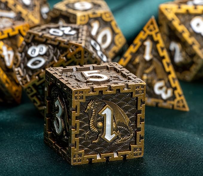 ARUOHHA DND Metal Dice Set Dragon Design Dice Set with Gift Box, Role Playing Games Antique Gold Polyhedral RPG D and D Dice D20 D12 D10 D8 D6 D4