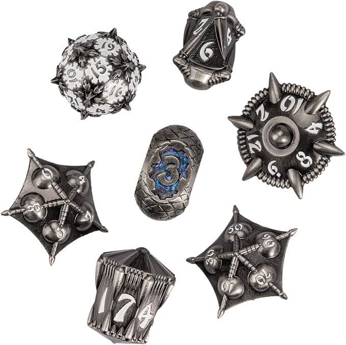 UDIXI Metal DND Dice Set, 7PCS Polyhedral D&D Dice Set Dragon for Dungeons and Dragons Role Playing Games (White Number)