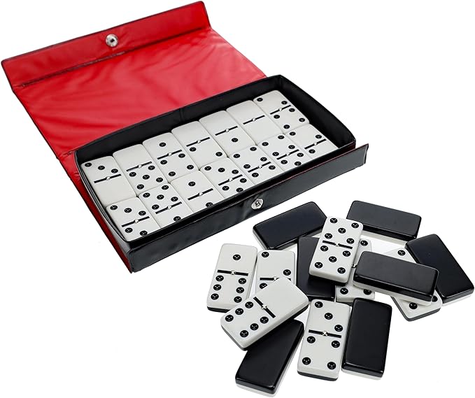 WE Games Two-Toned Black & White Double 6 Dominoes with Spinners - Ideal Size, Vintage Style Case, Family and Adult Board Games
