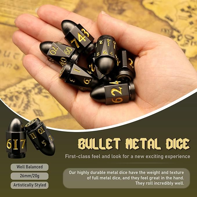 Bullet Dice Set, DND Dice Metal Revolver，ZHOORQI D6 Gun Dice D&D Gifts for Dungeons and Dragons, RPGs(7-Black Gold)