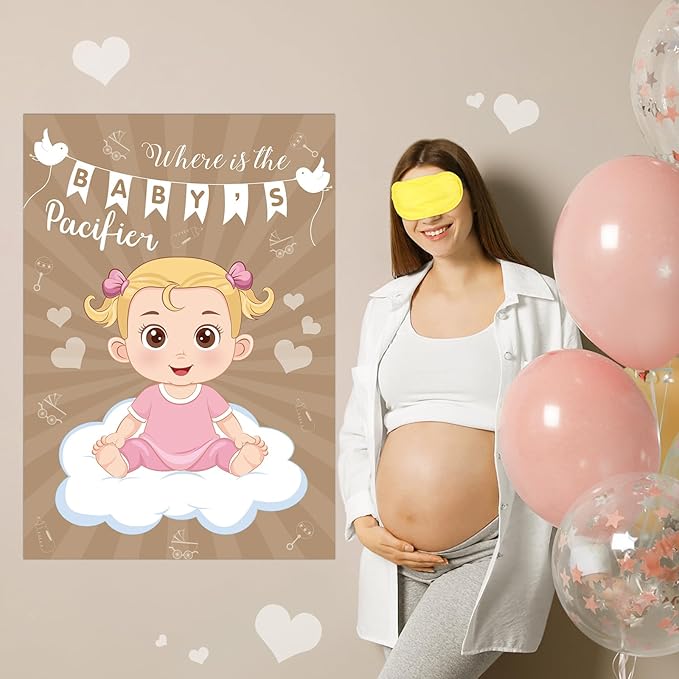 Hooqict Pin The Pacifier on The Baby Game Funny Baby Shower Games for Girls Birthday Party Activities, Large Pin The Dummy Poster with 72 Pacifier Stickers
