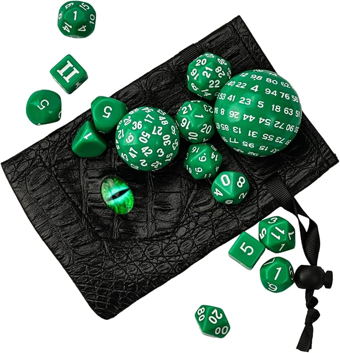 15 Pieces Complete Polyhedral DND Dice Set D3-D100 Spherical D&D Dice Set with Dragon Eye Dice Bag, D100 Dice for Dungeons and Dragons, RPG, MTG Table Games(Green w/White Numbers)