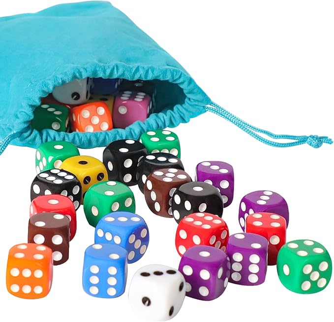 50 Pieces 16mm Colored Dice Set, Bulk Dice in 10 Colors with a Blue Drawstring Storage Bag, 6 Sided Dice for Board Games