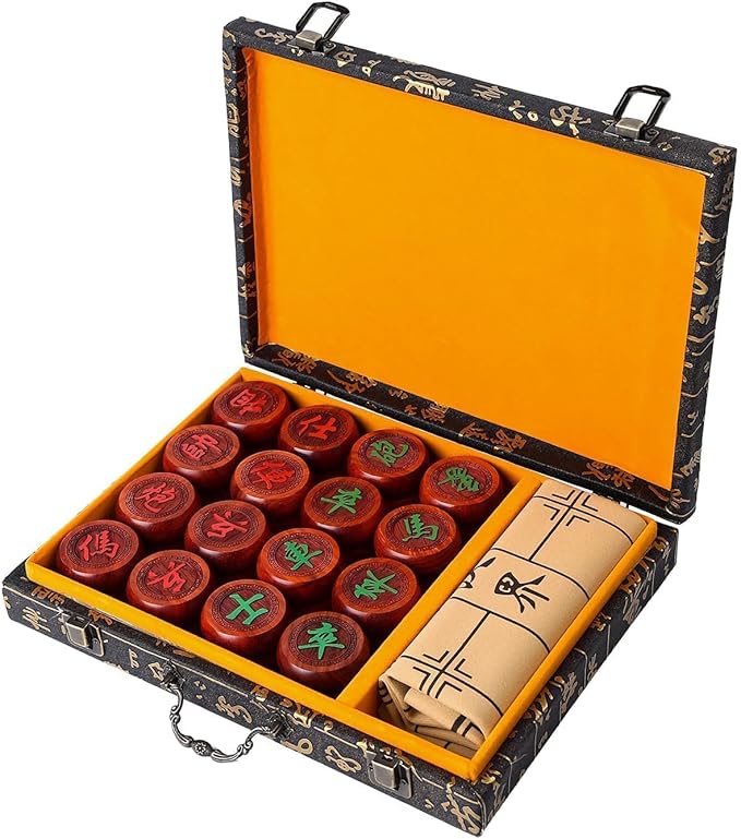 1.88inch Mahogany Chines Chess Gift Box Set （Xiangqi ） Chines Traditional Xiangqi Classic Educational Strategy Board Games 2 Players Travel Game Set with Wooden Box and Leather Chessboard