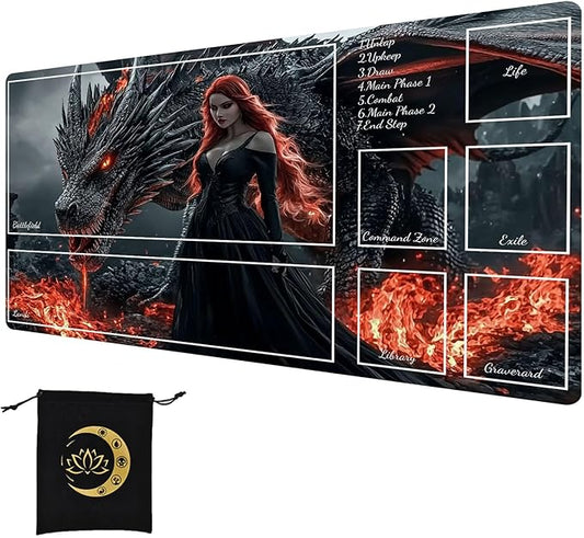 for MTG Playmat with Zones, Rubber Anti-Slip Back Waterproof Surface Easy to Clean, Stitched Reinforced Edges for Magic playmats with Storage Bag, Red Haired Woman Dragon