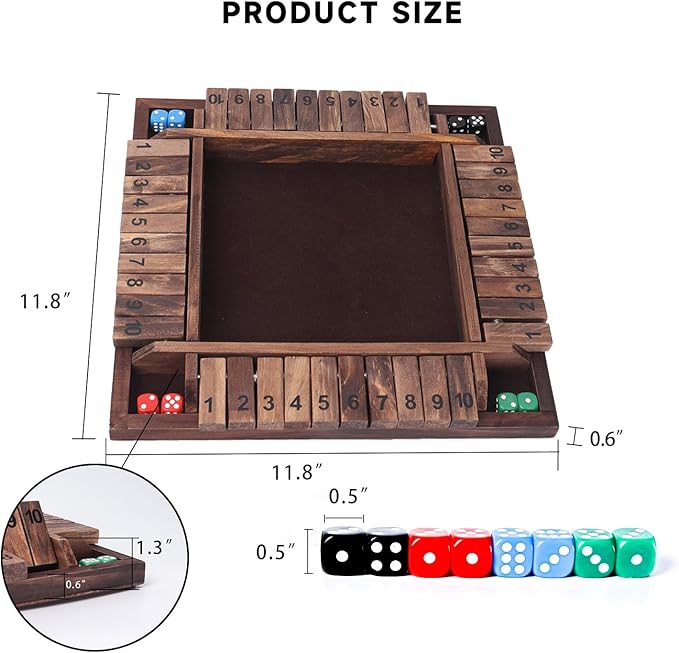 GSE Games & Sports Expert 1-4 Player Wooden Shut The Box Dice Board Game with 8 Dice. 4-Way 10 Numbered Shut The Box Set of Popular English Pub Board Game - Walnut