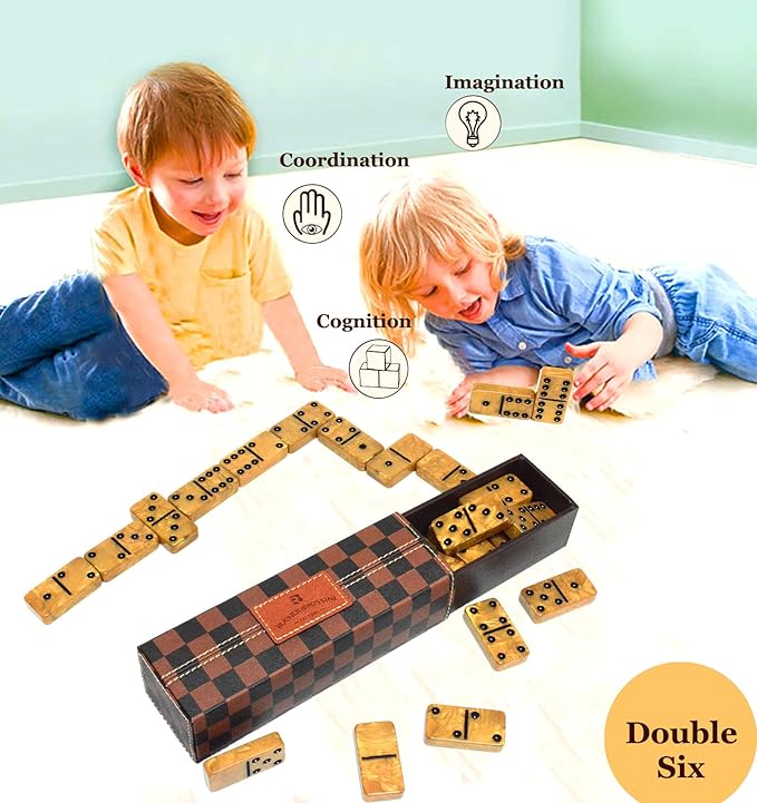 Dominos Set for Adults, Thick Domino, Double 6 Dominoes Set for Adults and Kids, 28 Marbleized Gold Tiles in Brown Leather Case, Travel Domino's Game Set