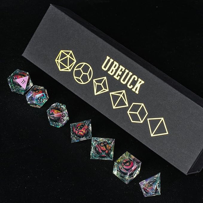 Electroplated Resin Dice Set, Resin Edge Sharp for Dungeons & Dragons RPG, MTG Board Games with Gift Box(Electroplating Red Longan)