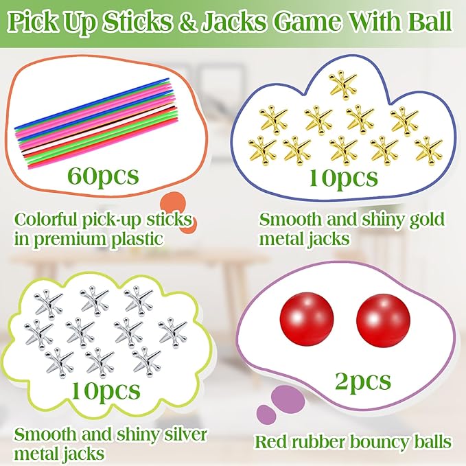 ZeeDix 60 Pcs Pick Up Sticks with 2 Sets Retro Metal Jacks Kit- Include 2 Pcs Red Rubber Balls and 20 Pcs Gold and Silver Metal Jacks, Classic Fun Game Gift of Jacks for Kids Adults Family