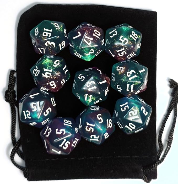 10PCs D20 Polyhedral Dice Set 22mm for DND RPG MTG Dungeons and Dragons Dice (Purple+Green)