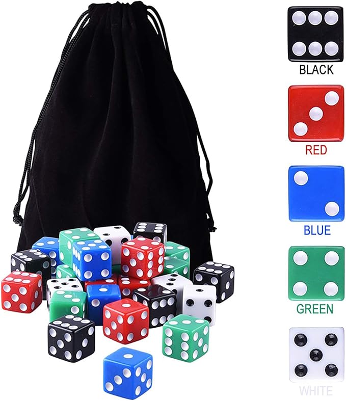 AUSTOR 50 Pieces Game Dice Set, 5 Colors Square Corner Dice with Velvet Storage Bag, Play Games Like Tenzi, Farkle, Yahtzee, Bunco or Teaching Math
