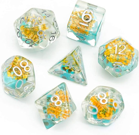 UDIXI 7PCS Polyhedral Dice Set, DND Dice Set Filled with Mushroom for Role Playing Games, D&D Dice for Dungeons and Dragons (Blue Flower)