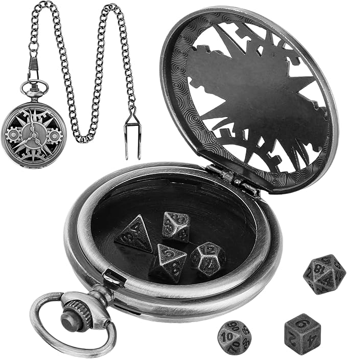 Mini DND Dice Set with Steampunk Hollow Pocket Watch Shell Case, 7pcs Polyhedral Metal D&D Dice Set, DND Gifts with Gift Box, Role Playing Board Games Accessories, Dark Silver