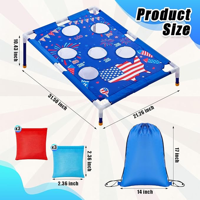 4th of July Bean Bag Toss Games with 6 Bean Bags American Flag Portable PVC Framed Corn Hole Game Set for Independence Day Patriotic Party Outdoor Game Party