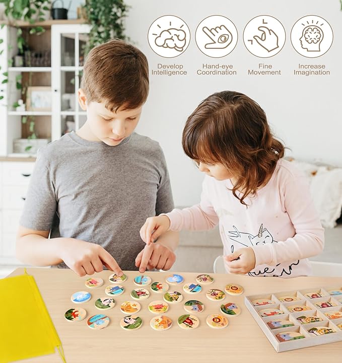 24Pc Animal Memory Matching Cards, Wooden Memory Chess Age 3-5, Educational Memory Matching Game for Kids Adults Educational Game Family Travel Board Games for Early Learning Brain-Boosting